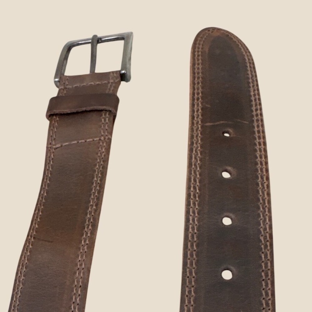 Mens  Hide & Drink Two Row Stitch Thick Leather Belt brown silver size 36